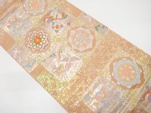 格子に花鳥模様織り出し袋帯